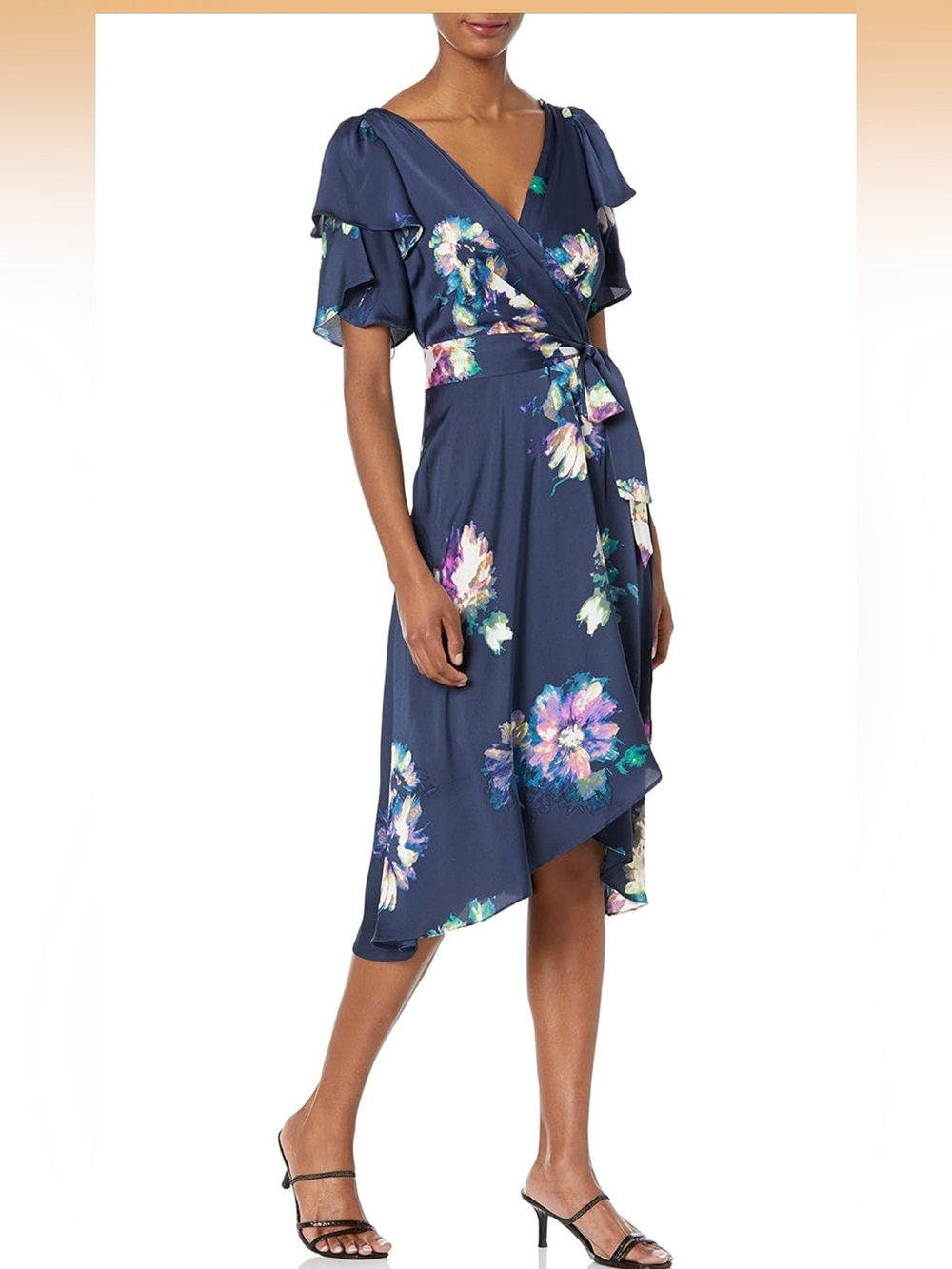 DKNY  Double Ruffle Sleeve Asymmetrical Hem Faux Wrap Dress 12/1092-bb6-11